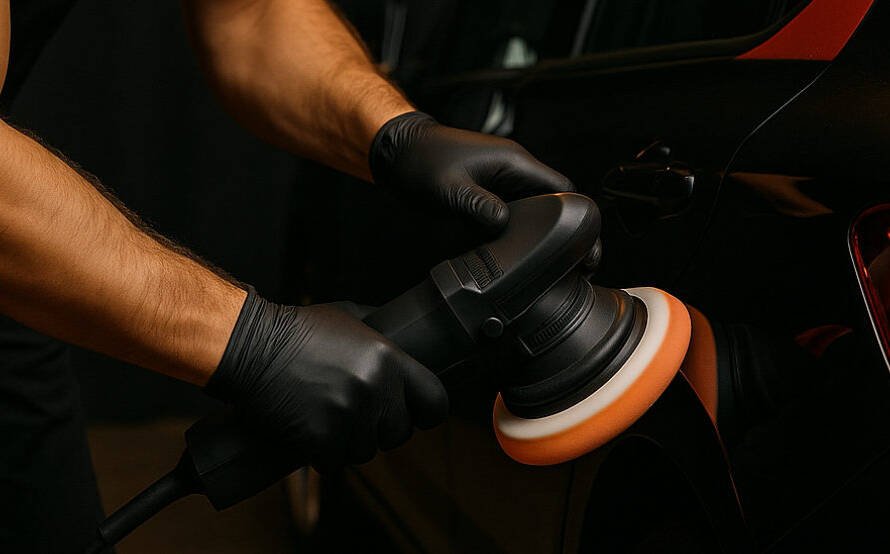 Tecnico effettua lucidatura correttiva su auto nera con lucidatrice rotorbitale in ambiente professionale