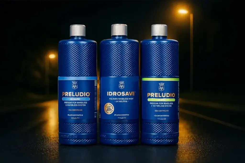 Tre flaconi Labocosmetica Preludio e Idrosave per lavaggio auto professionale senza risciacquo, prodotti specifici per detailing e cura della carrozzeria.