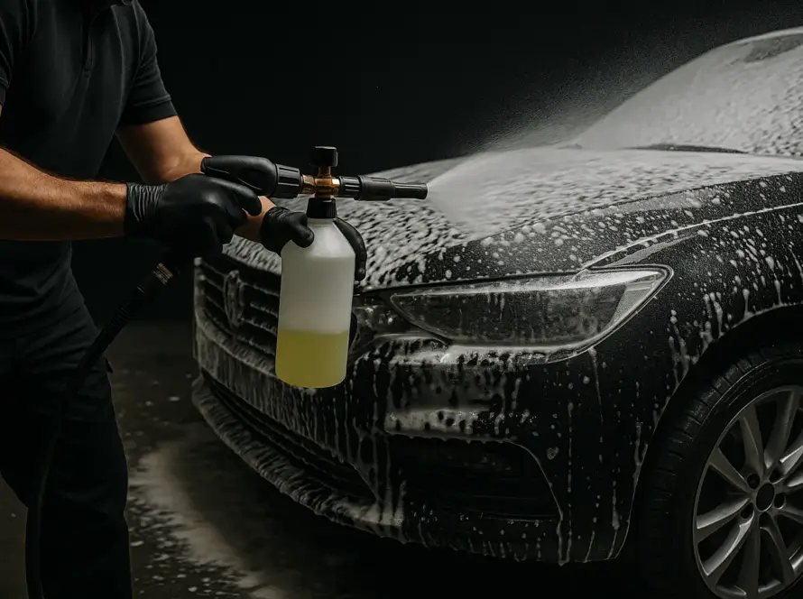 Tecnico esegue lavaggio auto 3ph con spruzzatore di schiuma attiva su carrozzeria nera