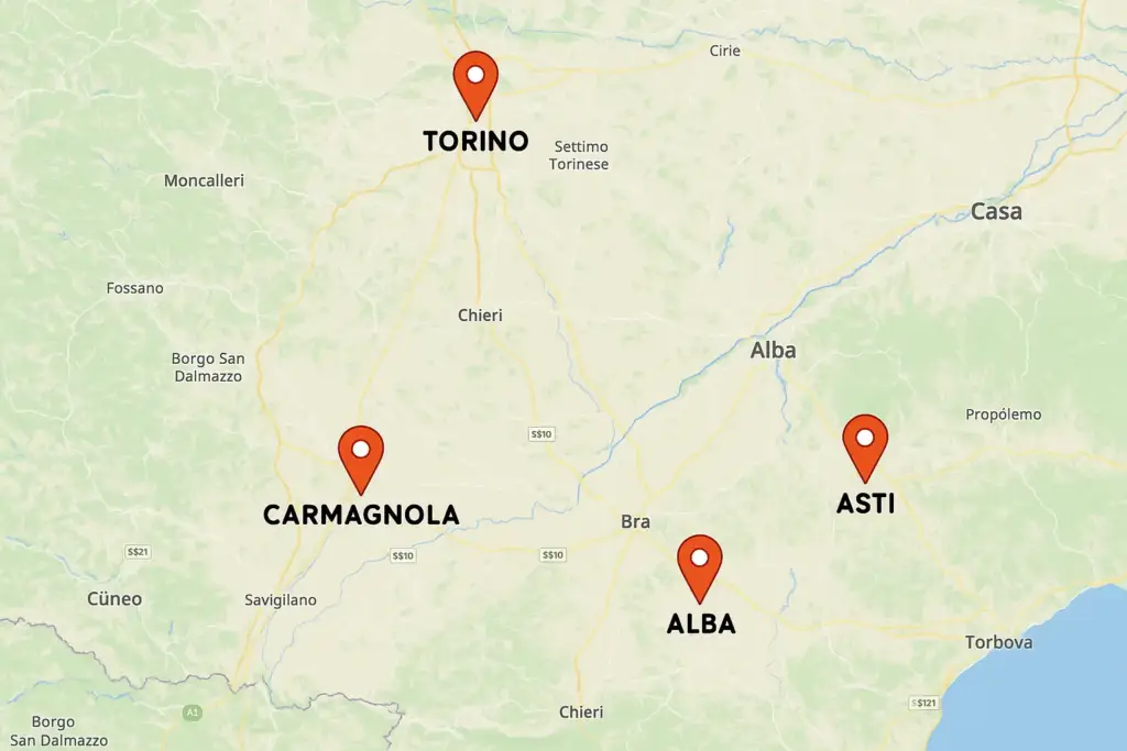 Mappa con segnaposti delle zone servite da Ema Detailing District: Carmagnola, Torino, Alba e Asti