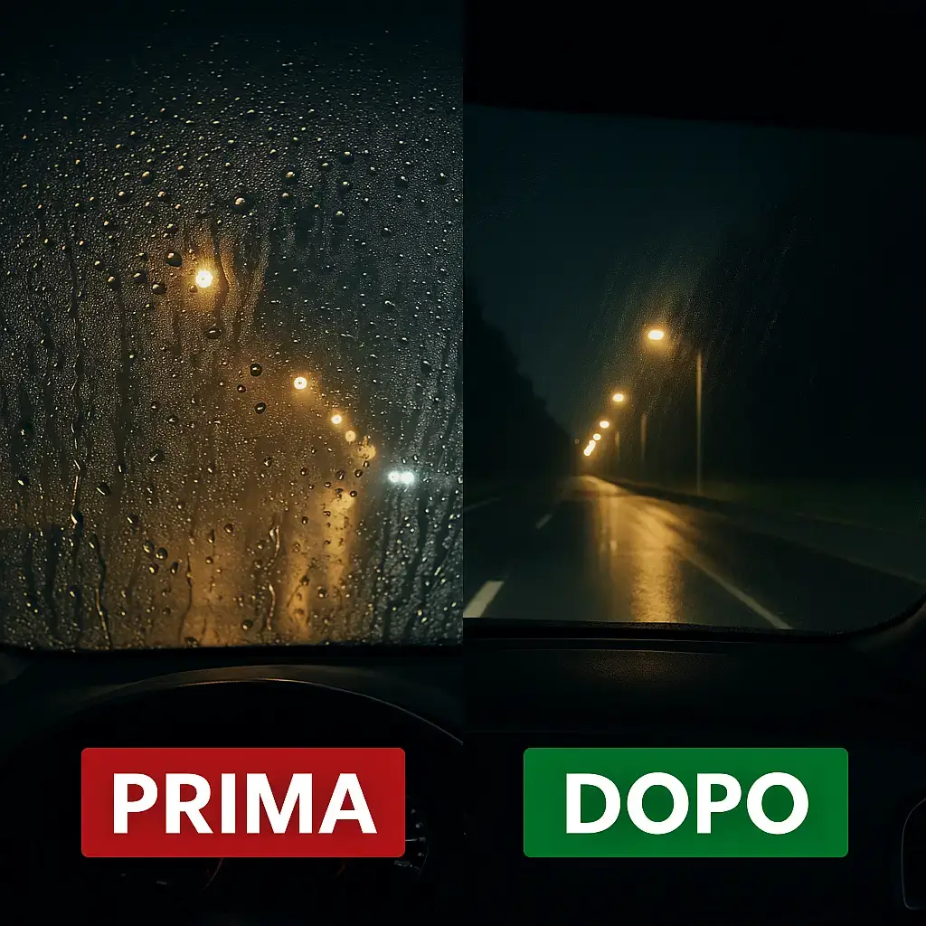 Superficie cristallina di un parabrezza auto dopo un trattamento professionale, riflettente e priva di aloni