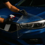 Tecnico applica trattamento idrofobico su parabrezza di auto verde con panno e prodotto specifico