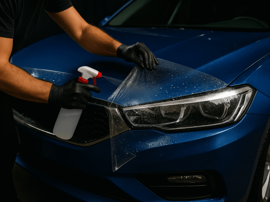 Tecnico applica trattamento idrofobico su parabrezza di auto verde con panno e prodotto specifico